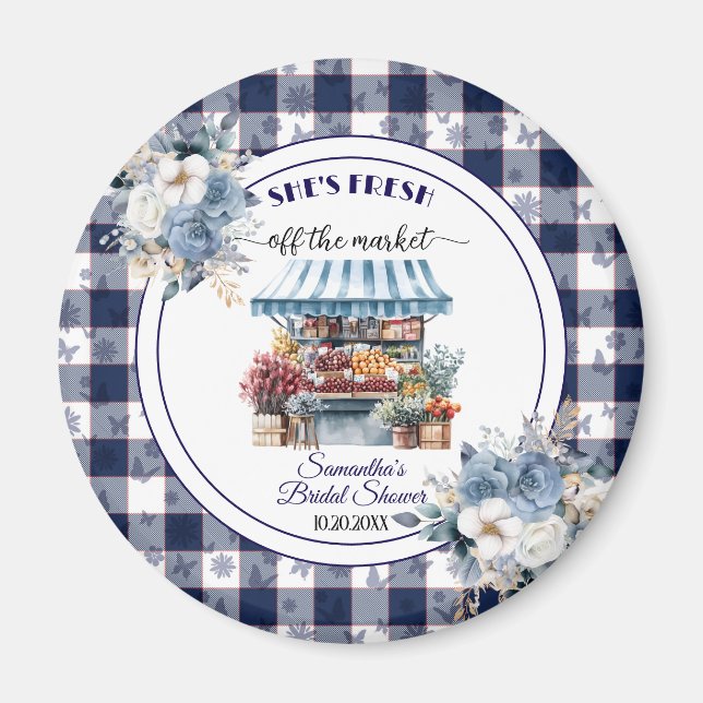 Imán favor de Baby Shower floral de gingham azul para b (Frente)