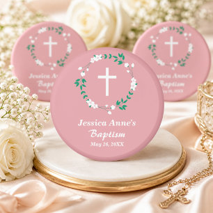 Imán Favor de Bautizo Cruz Floral Blanca Rosa Polvorien