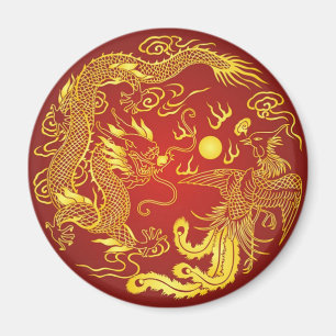 Imán Favor de Boda Chino Dragón Fénix Rojo Dorado