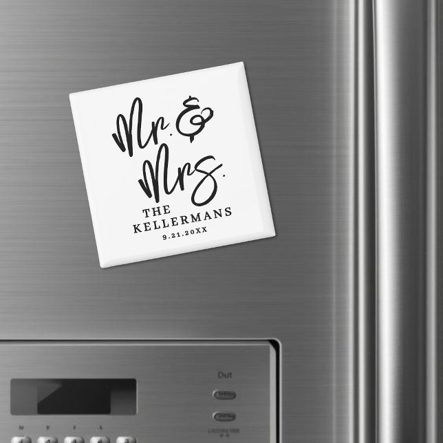 Imán Favor de Boda con Letra en Blanco y Negro (Black White Script Wedding Favor Magnet )