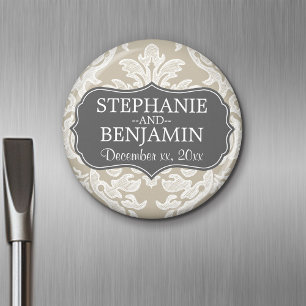 Imán Favor de boda con patrón de damasco gris y beige l