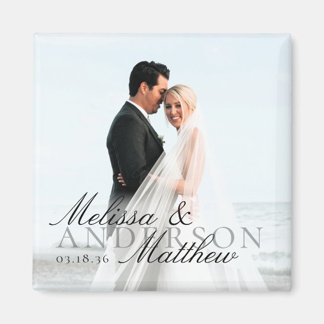 Imán Favor de Boda Nombres Fecha Escritura Elegante Fot (Frente)