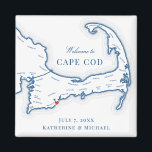 Imán Favor de la boda de destino de Cape Cod<br><div class="desc">¡Pedidos rápidos y fáciles! Estos imanes de mapas de Cape Cod hacen grandes favores de boda de Cape Cod para incluirlos en sus bolsos de bienvenida para bodas de Cape Cod. Mueva el corazón haciendo clic en "Editar usando herramienta de diseño" en "Personalizar". Perfecto para todos los lugares de interés...</div>