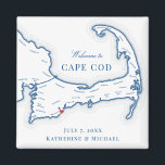 Imán Favor de la boda de destino de Cape Cod<br><div class="desc">¡Pedidos rápidos y fáciles! Estos imanes de mapas de Cape Cod hacen grandes favores de boda de Cape Cod para incluirlos en sus bolsos de bienvenida para bodas de Cape Cod. Mueva el corazón haciendo clic en "Editar usando herramienta de diseño" en "Personalizar". Perfecto para todos los lugares de interés...</div>