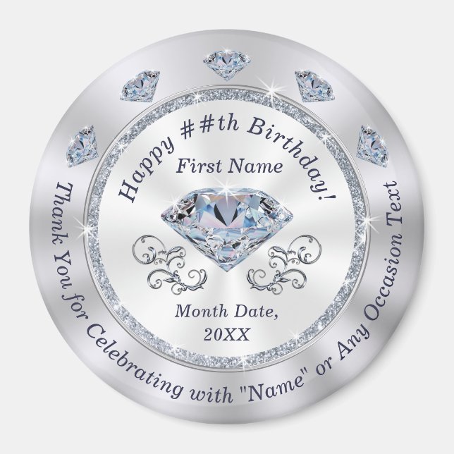 Imán Favores de cumpleaños personalizados, aniversario  (Frente)