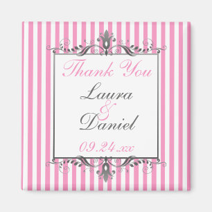 Imán favorito de la boda rayada rosa y blanca