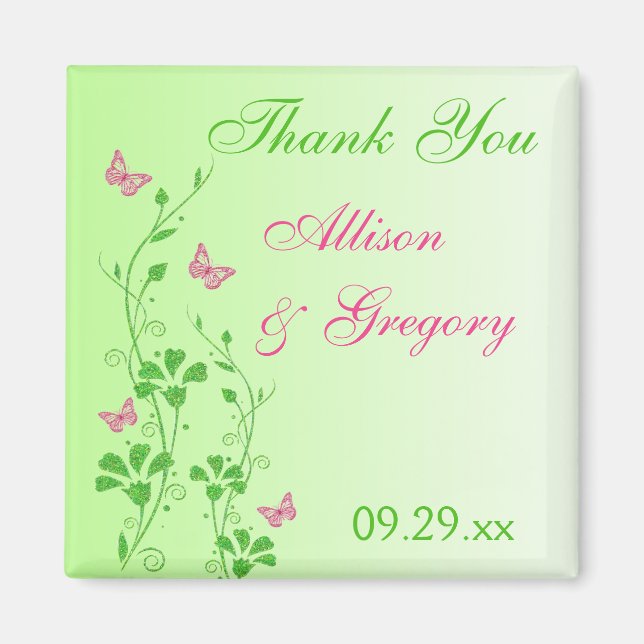 Imán favorito de la mariposa floral rosa y verde (Frente)