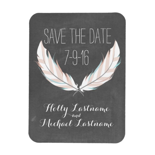 Imán Feathers + Chalkboard Wedding Save The Date (Vertical)