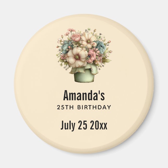 Imán Fecha de Cumpleaños con Flores Caprichosas (Frente)