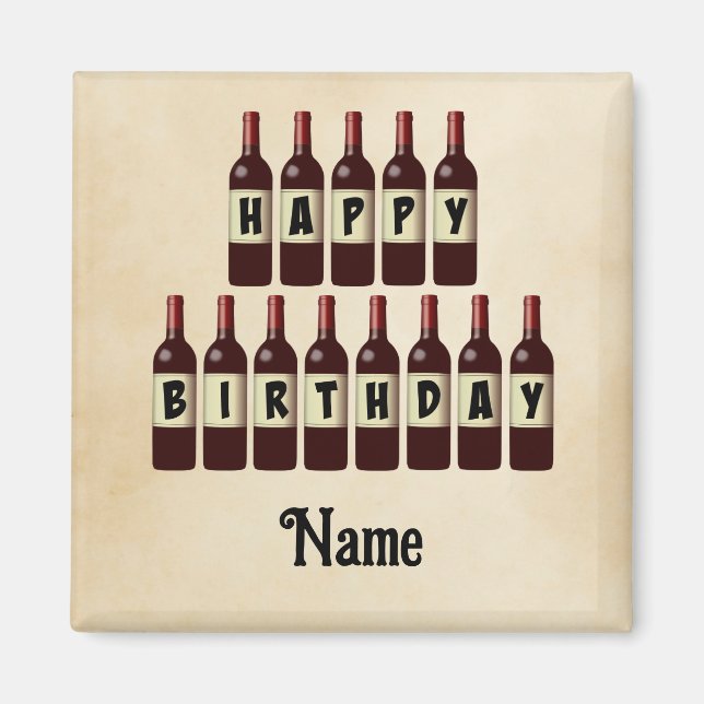 Imán Felices botellas de vino rojo de cumpleaños person (Frente)