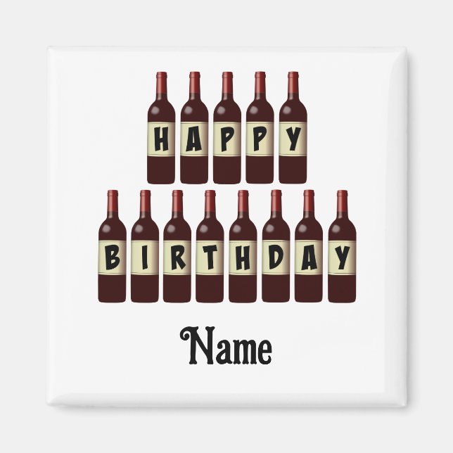 Imán Felices botellas de vino rojo de cumpleaños person (Frente)