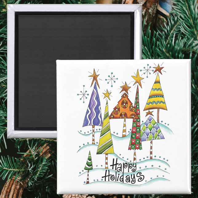 Imán ¡Felices Fiestas! Árboles de Navidad con estrellas (Subido por el creador)