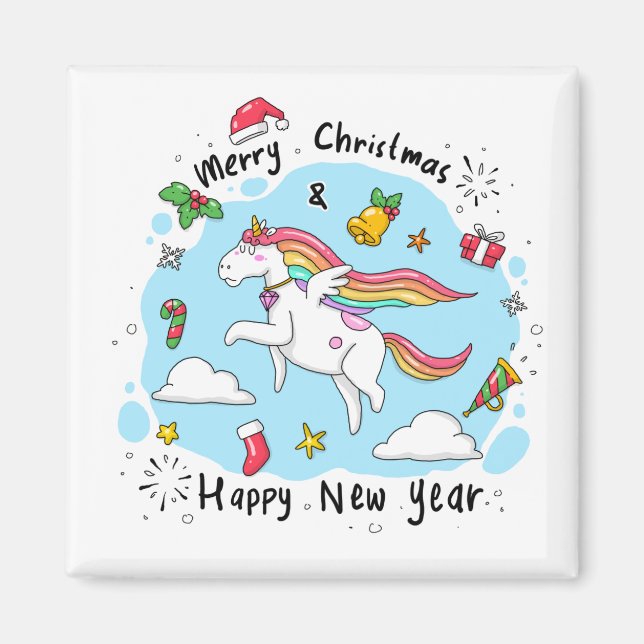 Imán Felices fiestas de unicornio azul para niños (Frente)