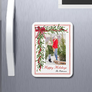 Imán Felices fiestas Mistletoe Red Bow Family Photo