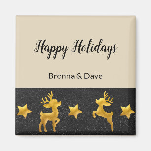 Imán Felices fiestas personalizadas con reno dorado