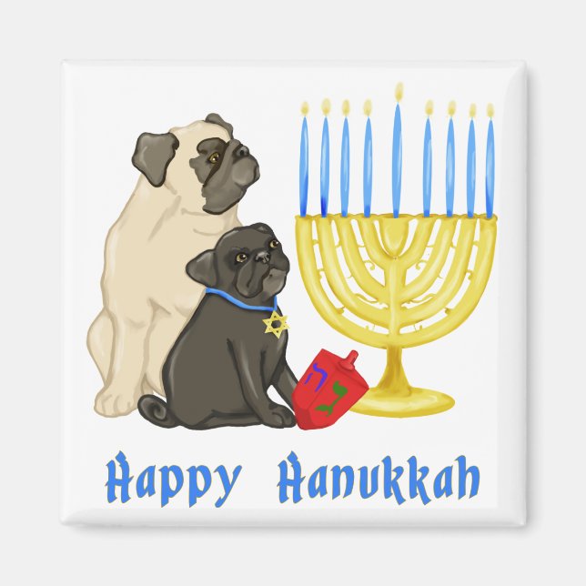 Imán Felices Hanukkah Pug y Menorah Magnets (Frente)