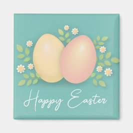 Imán Felices huevos de Pascua y flores rosa azul suave