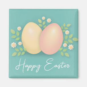 Imán Felices huevos de Pascua y flores rosa azul suave