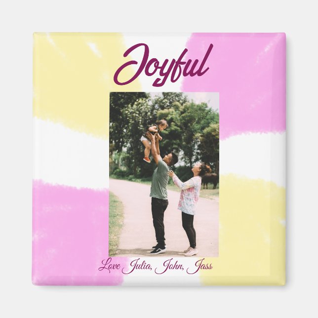 Imán Felices vacaciones de color amarillo rosa foto fam (Frente)