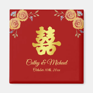 Imán Felicidad doble floral naranja roja boda china