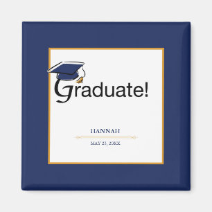 Imán Felicitaciones Graduado, Gorra, Tassel, Azul, Oro