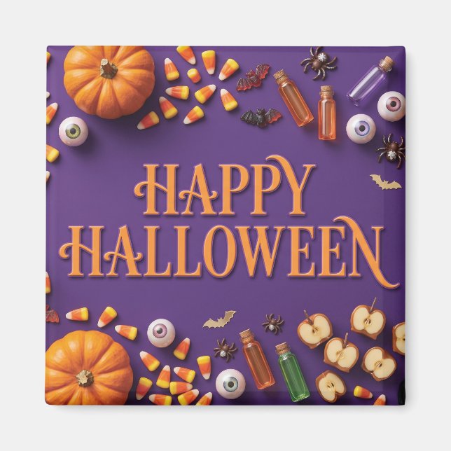 Imán Feliciz Halloween Composición plana sobre fondo pú (Frente)