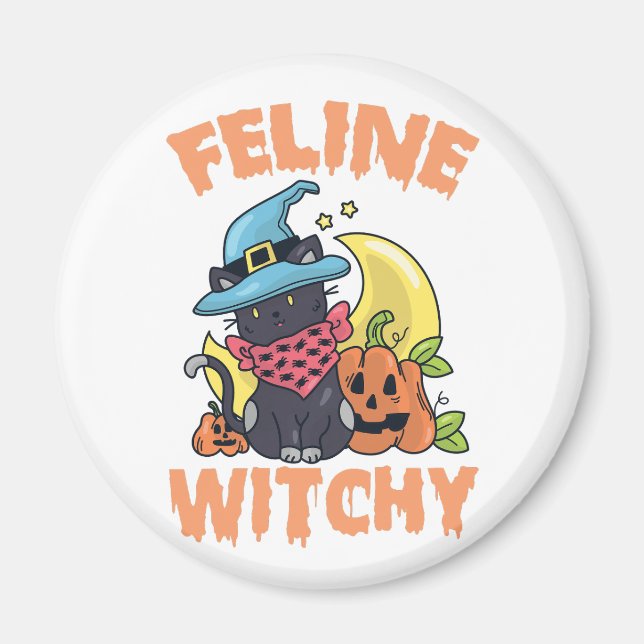 Imán Feline Witchy Funny Spooky Halloween Cat Kitten (Frente)