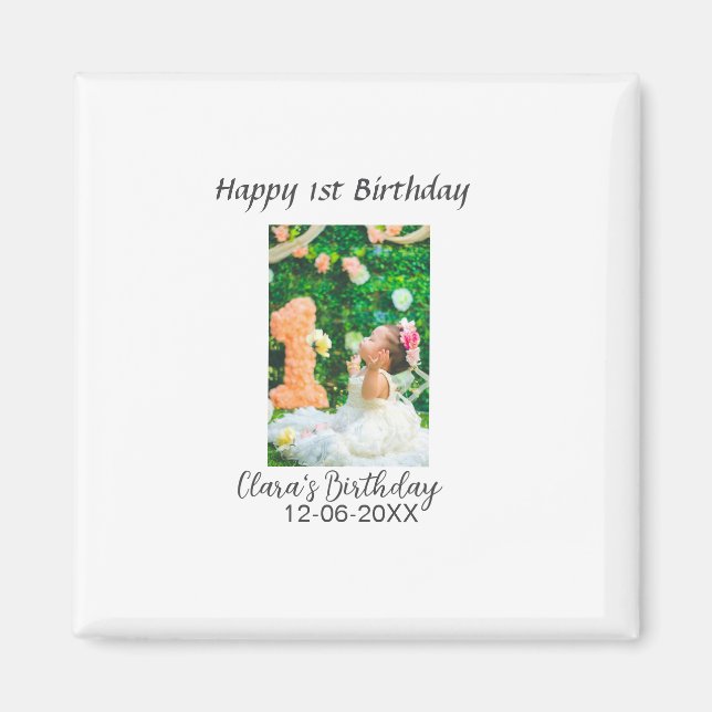 Imán Feliz 1° cumpleaños foto simple y elegante moda (Frente)