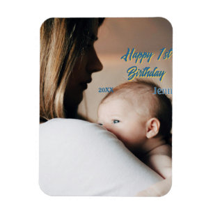 Imán Feliz 1er cumpleaños niños bebé madre azul amarill