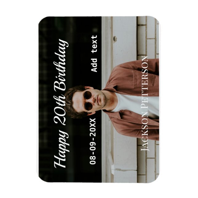 Imán Feliz 20 cumpleaños foto simple añadir nombre fech (Vertical)