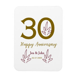 Imán Feliz 30º aniversario nombre fecha hoja dorada roj