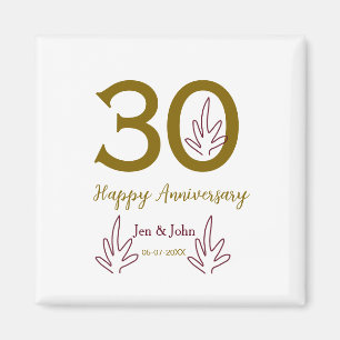 Imán Feliz 30º aniversario nombre fecha hoja dorada roj