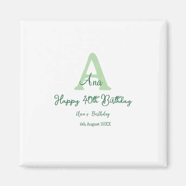 Imán Feliz 40 cumpleaños verde añadir nombre monograma  (Frente)