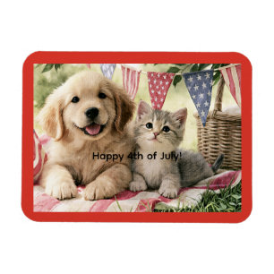 Imán Feliz 4 de julio, cachorro lindo y gato atigrado,
