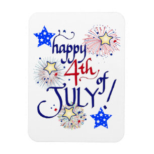 Imán ¡Feliz 4 de julio! con fuegos artificiales y estr