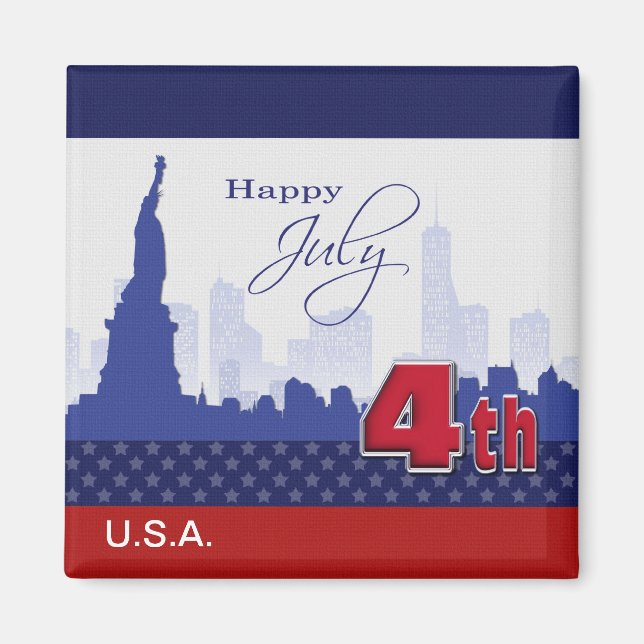 Imán Feliz 4 de julio. Estatua de la libertad y fuegos  (Frente)