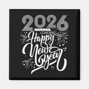Imán Feliz Año Nuevo 2026 cargando fuegos artificiales 