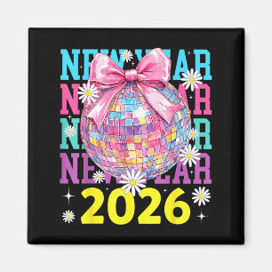 Imán Feliz Año Nuevo 2026 Coquette Bow & Bola de Disco