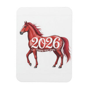 Imán Feliz Año Nuevo 2026 Tarjeta Ilustracion de Caball