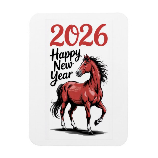 Imán Feliz Año Nuevo 2026 Tarjeta Ilustracion de Caball (Vertical)