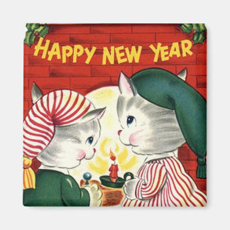 Imán Feliz Año Nuevo Gatitos Vintage Magnet