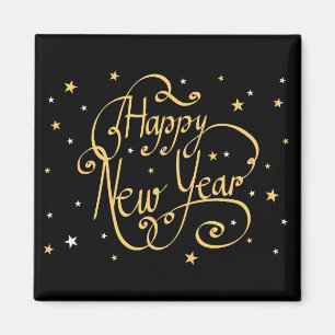 Imán Feliz Año Nuevo negro y dorado