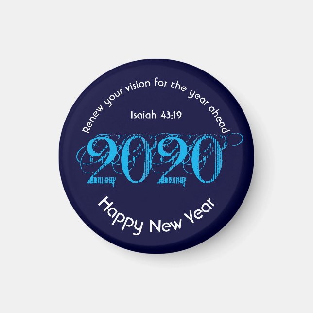 Imán Feliz Año Nuevo RENOVAR VISIÓN 2020 Elegante AZUL (Frente)