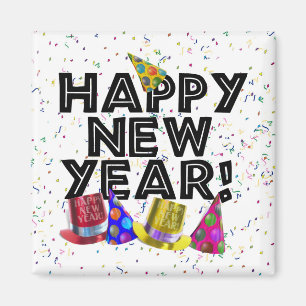Imán Feliz Año Nuevo - Texto negro con Gorras Fiestas