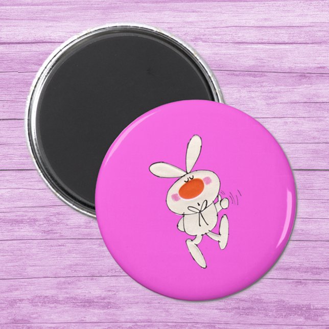 Imán Feliz baile lindo conejo blanco (Cute cartoon white rabbit big nose thumbs up sign on hot pink round magnet.)