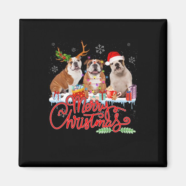 Imán Feliz Bulldog navideño con luz de reno (Frente)