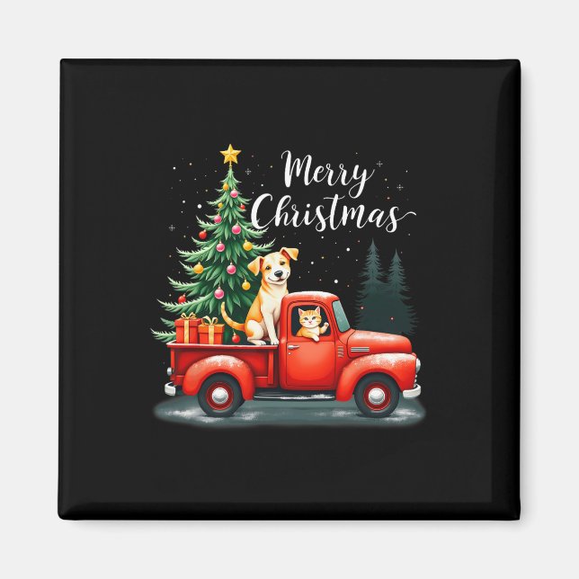 Imán Feliz Camión Rojo De Navidad Con Perro &amp; Navid (Frente)