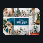 Imán Feliz Collage de fotos azul de la tipografía de Ha<br><div class="desc">¡Feliz Hanukkah! Envíe saludos y deseos de vacaciones con este moderno y elegante imán fotográfico de vacaciones. Presenta tipografía retro audaz. Personalice agregando sus fotos,  saludos,  nombres y otros detalles favoritos. Los textos son totalmente editables,  disponibles como tarjetas planas,  plegadas y postales.</div>