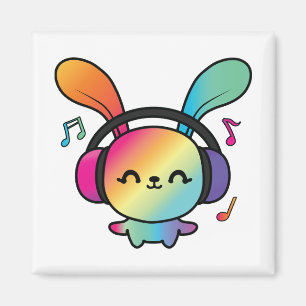Imán Feliz Conejo con auriculares escuchando música.