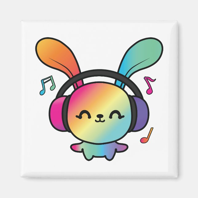 Imán Feliz Conejo con auriculares escuchando música. (Frente)